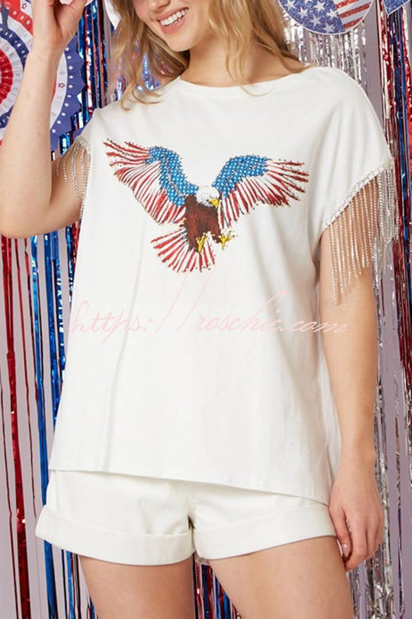 Extraordinary American Eagle Print Rhinestone Tassel Short Sleeve T-shirt