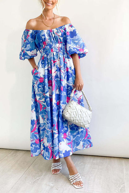 Square Neck Printed Puff Sleeve Long Dress