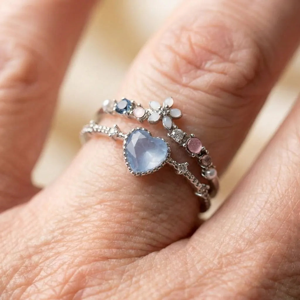 Adjustable Blue Stone Ring With Zirconia In Sterling Silver