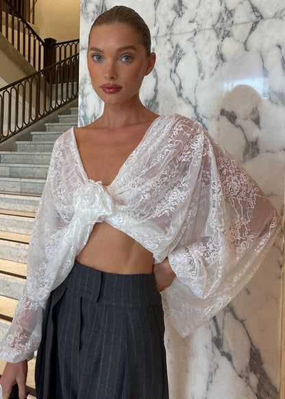 Celestia - Sheer Lace Cropped Blouse With Front Tie