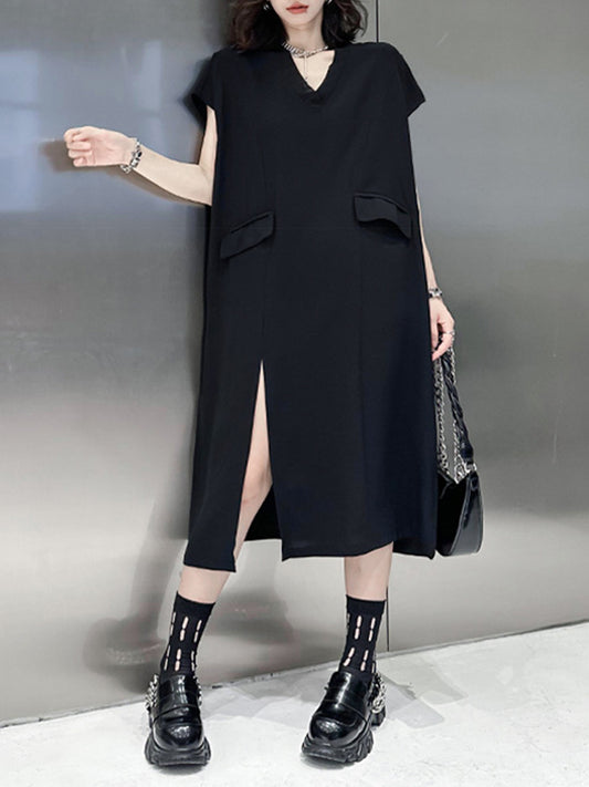 Loose Short Sleeves Asymmetric Color Split-joint Split-side V-neck Midi Dresses