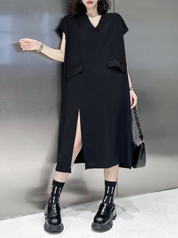 Loose Short Sleeves Asymmetric Color Split-joint Split-side V-neck Midi Dresses