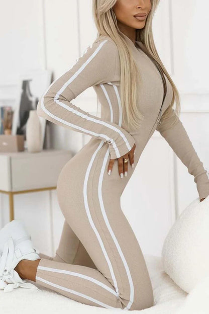 Slim-fitting Long-sleeved Striped Half-zip Jumpsuit