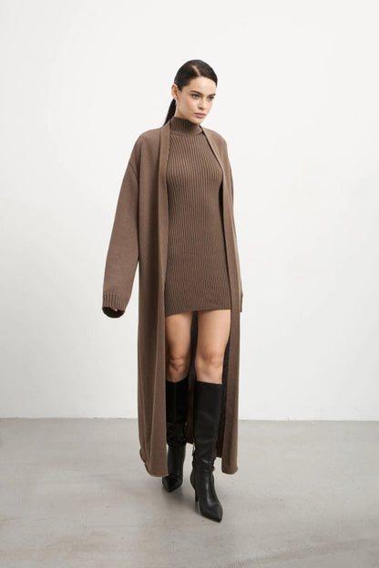 Knit Tank Dress Fitted Long Cardigan Two Piece Set