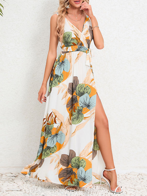 A-line Loose Flower Print Pleated Split-front Tied Waist V-neck Maxi Dresses