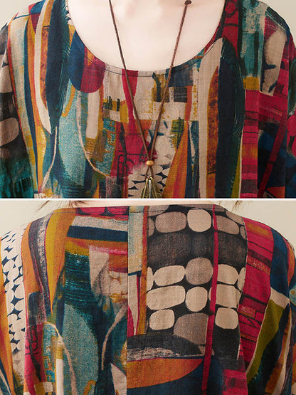 Loose Abstract Printed Pleated Round-neck Half Sleeves Midi Dress
