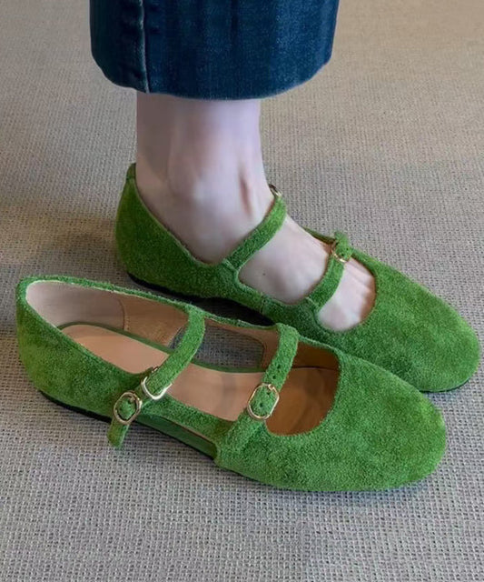 Buckle Strap Splicing Flat Feet Shoes Green Suede