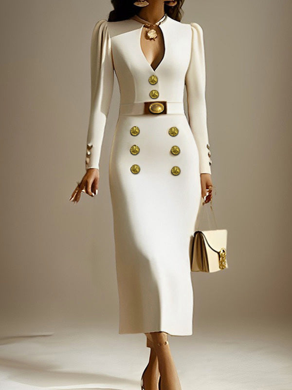 Long Sleeves Puff Sleeves Buttoned Color Deep V-neck Midi Dresses