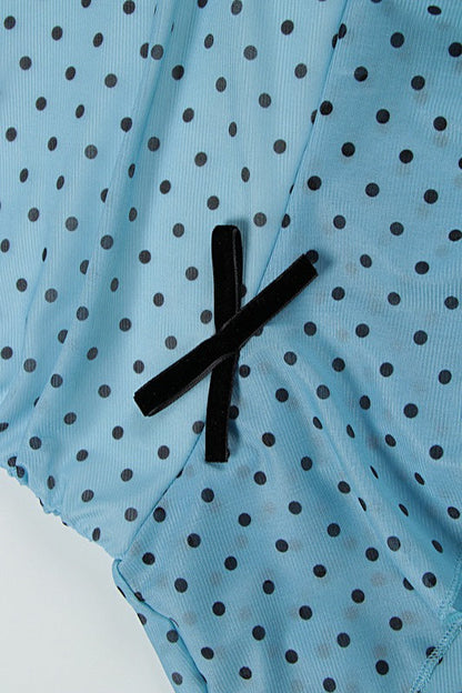 Bandeau Waist Polka Dot Mesh Bow Mini Dress