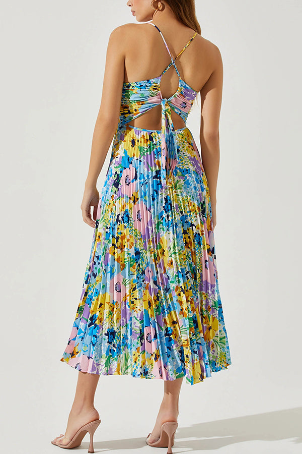 Wedding Party Season Print Pleated Back Tie-up Midi Dress