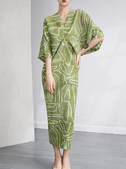 Urban Loose Batwing Sleeves Printed Pleated V-neck Midi Dresses