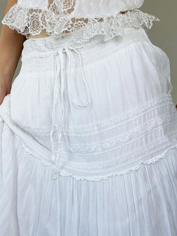 White Lace Splicing Straps Maxi Skirts
