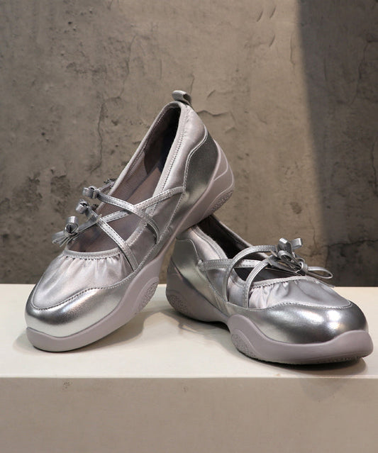 Comfy Silver Bow Cross Strap Flats Shoes