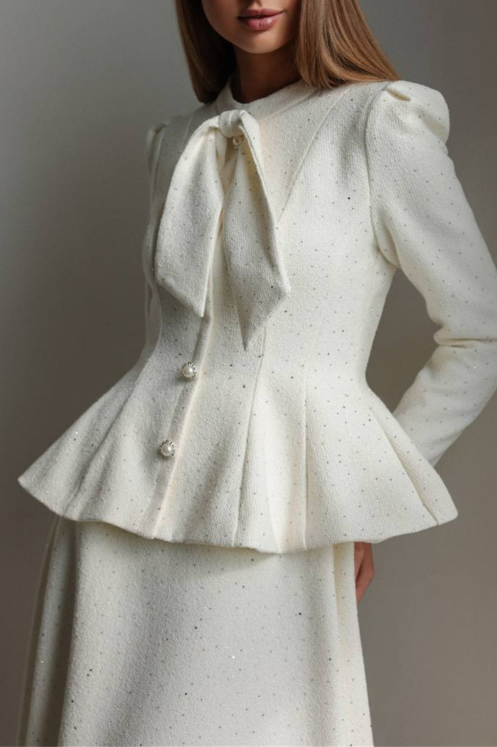 Tweed Rhinestone Slim Waist Dress Two Piece Set
