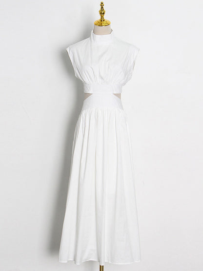 Vacation Loose Sleeveless Hollow Color Stand Collar Maxi Dresses