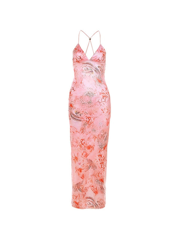 Pink Irregular Halter Backless Wrap Hip Midi Dress With Print