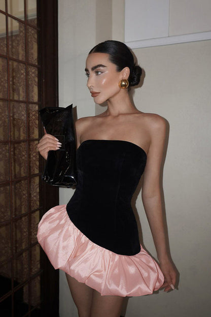 Velvet Paneled Strapless Puff Mini Dress