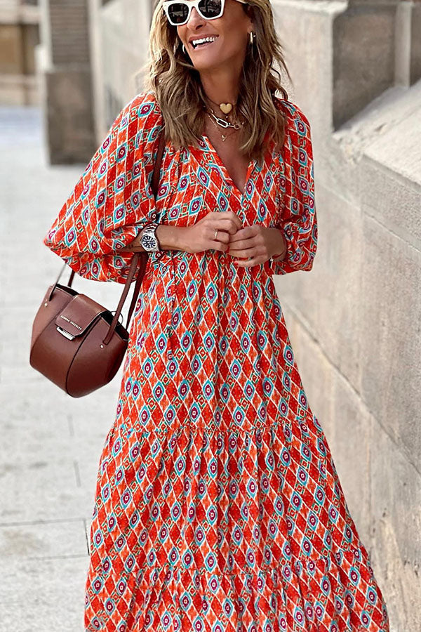 Fashionable Street Picnic Bubble Sleeve Layered Party Midi Dress