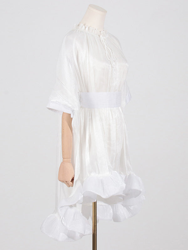 High-low Loose Pleated Split-joint Stand Collar Mini Dresses