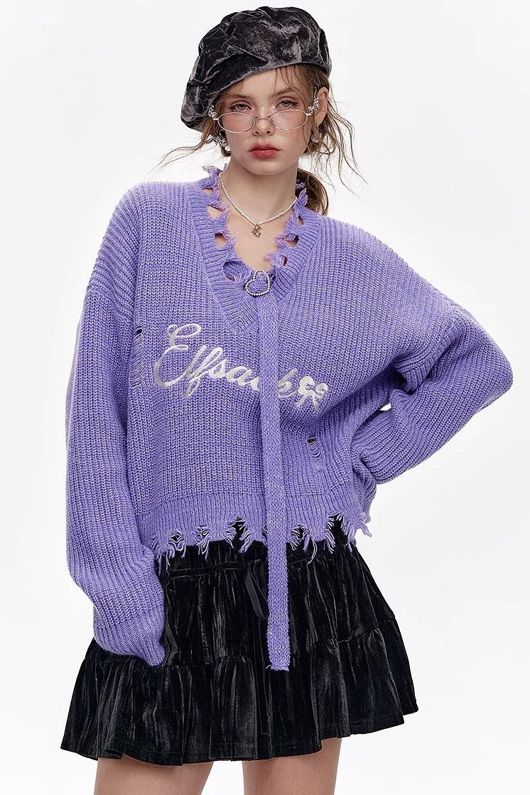Red Embroidered Raw Edge Wool Blend Sweater