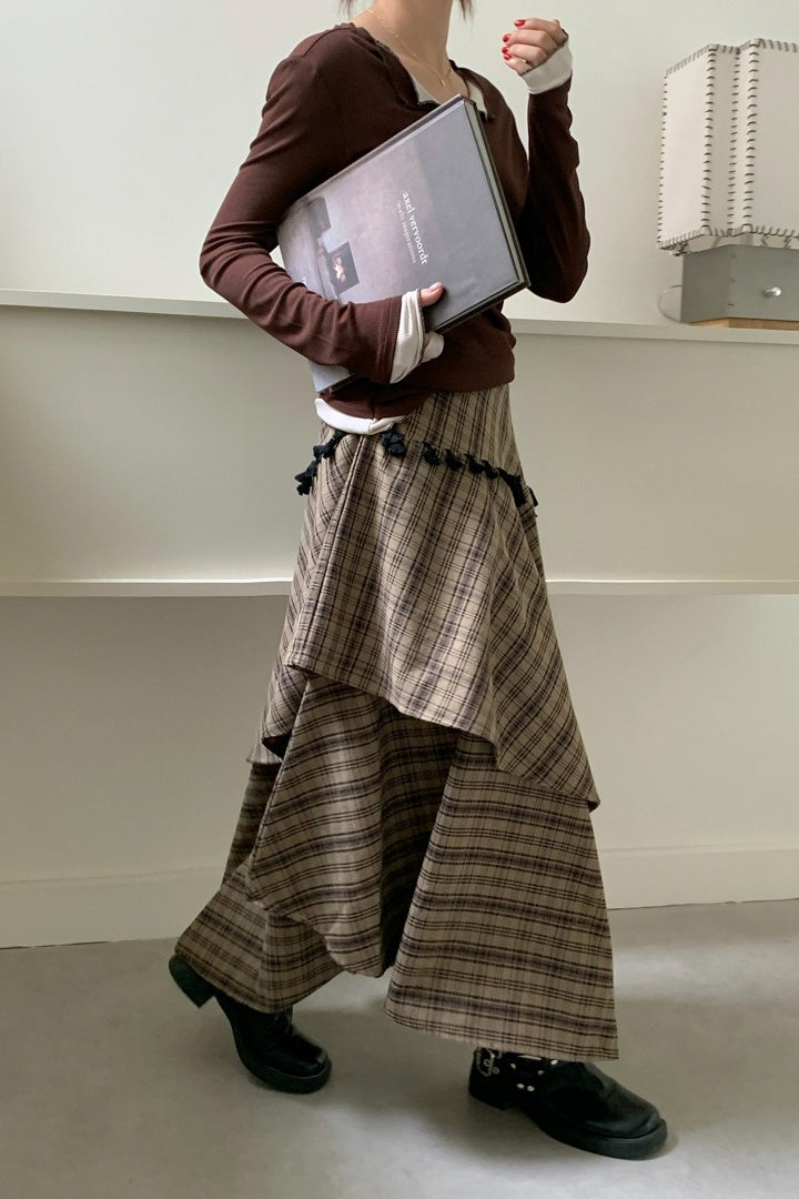 Asymmetrical Plaid Maxi Skirt