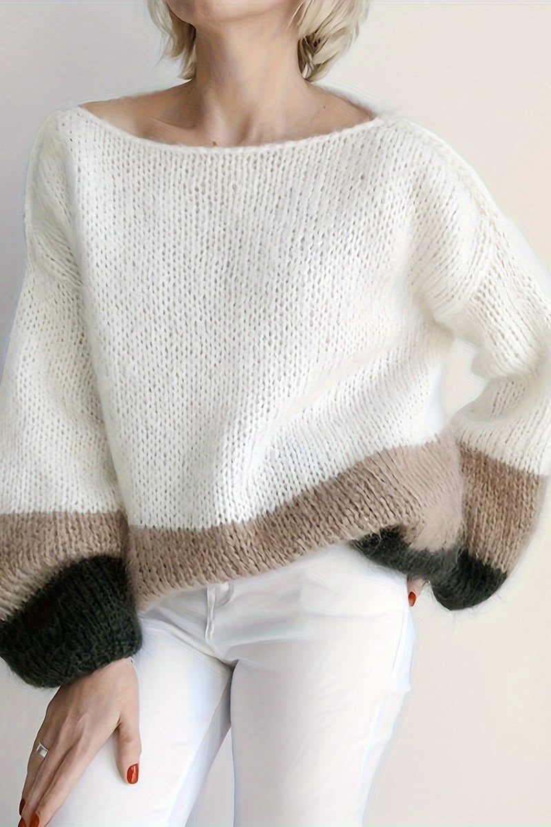 Soft Colorblock Crew Neck Puffy Knit Sweater
