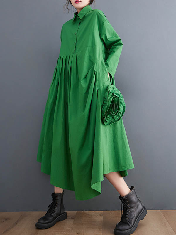 Urban Applique Pleated Long Sleeves Shirt Dress Midi Dress
