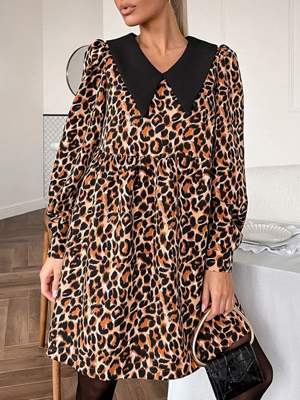 Loose Puff Sleeves Leopard Pleated Printed Split-joint Peter Pan Collar Mini Dresses Shirt Dress