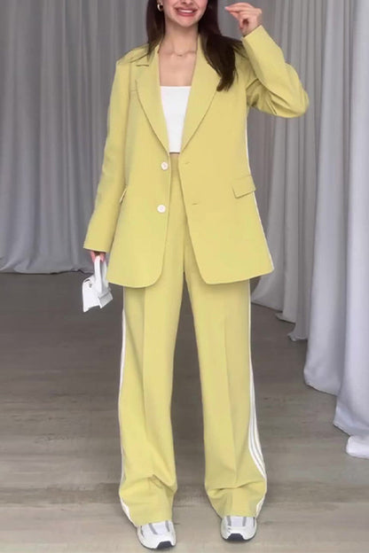 Fresh and Style Striped Trim Lapel Blazer and High Rise Pocket Loose Pants Set