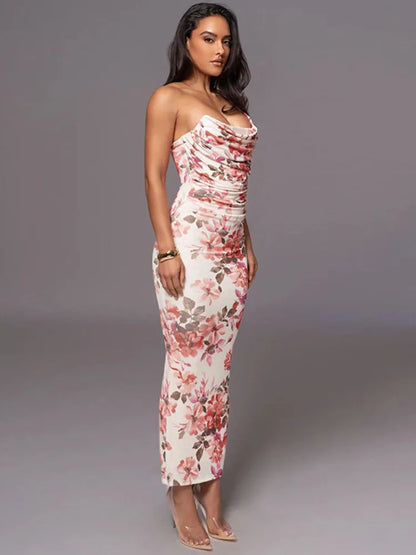 One Shoulder Print Midi Dress for Off-shoulder Backless Sleeveless Bodycon Club Party Long Dress