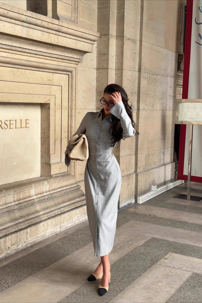 Long Sleeve Collared Midi Dress