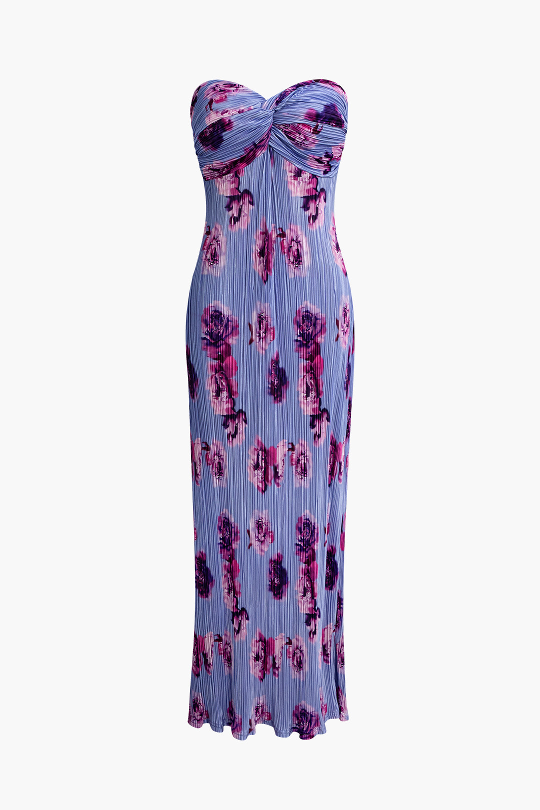 Abstract Print Plisse Strapless Slim Maxi Dress