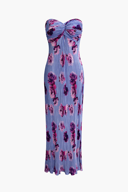 Abstract Print Plisse Strapless Slim Maxi Dress