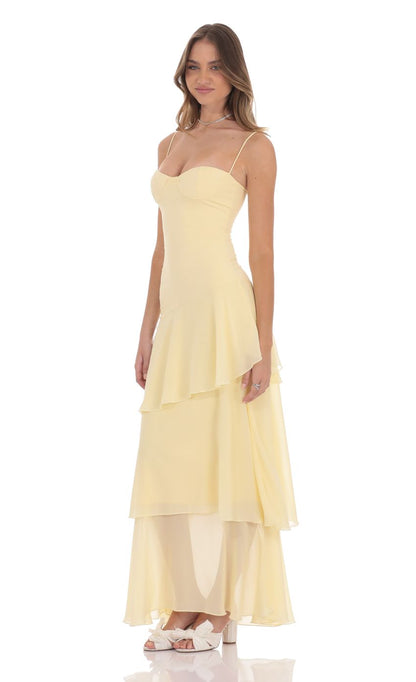 Marenna — Pastel Yellow Layered Maxi Dress With Strapless Bodice