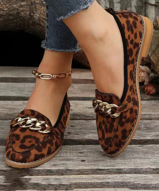 Leopard Flats Shoes Faux Leather Sequined Chain Linked Stylish Splicing