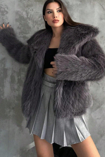 Plush Color Faux Animal Fur Warm Notch Collar Coat