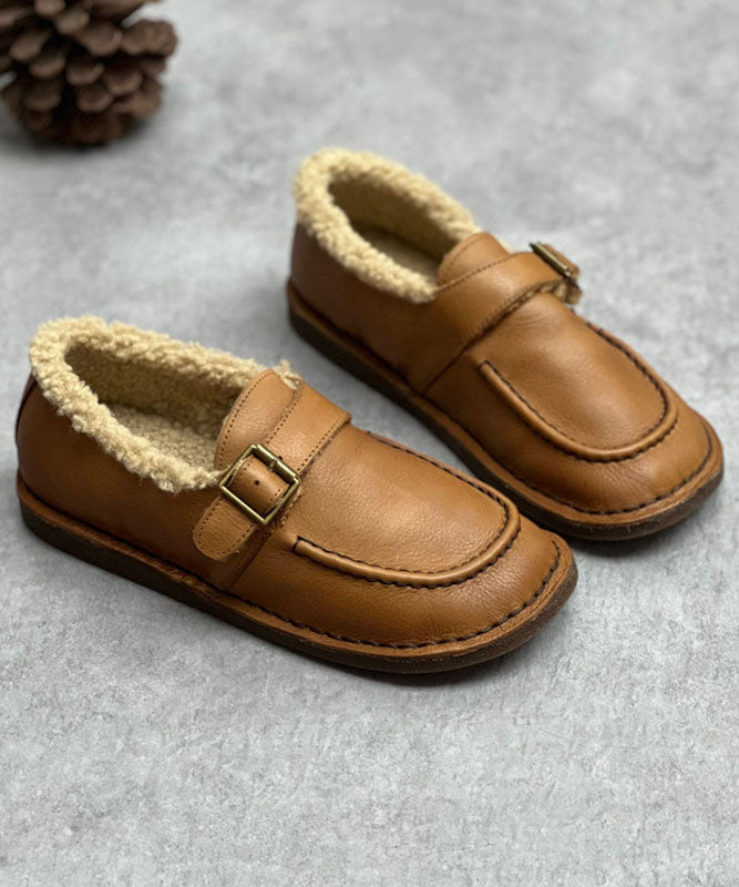 Coffee Flat Shoes for Cowhide Leather Fuzzy Wool Lined Flat Shoes for