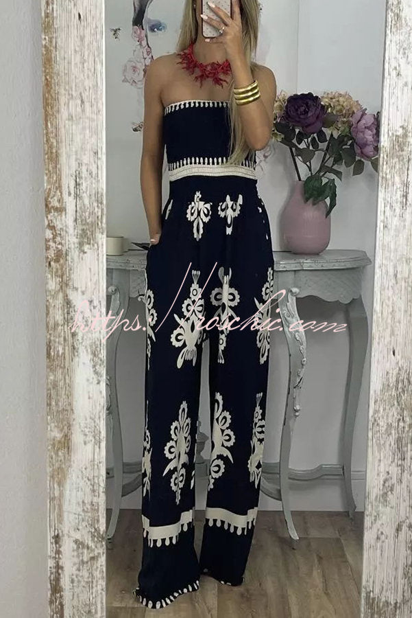 Larsen Print Off Shooulder Smocked Bust Pocketed Jumpsuit