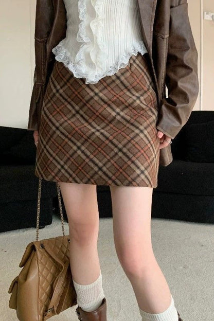 Tweed Plaid High Waist Fitted Short Skirt