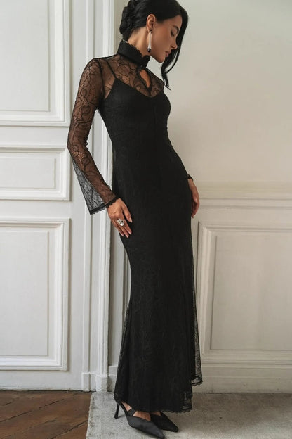 Lace Patchwork Fitted Cutout Maxi Dress