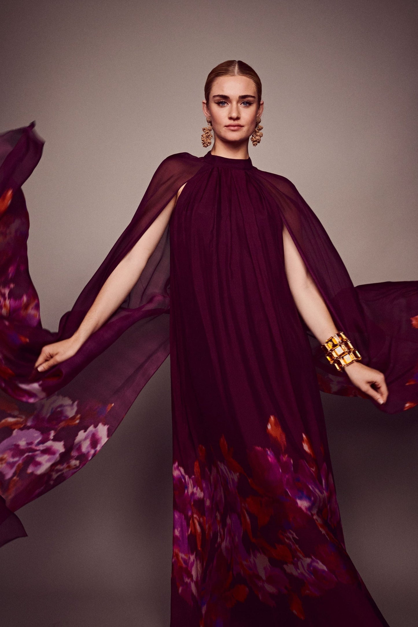 Sabrina Printed Cape Sleeve Maxi Dress