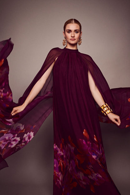 Sabrina Printed Cape Sleeve Maxi Dress