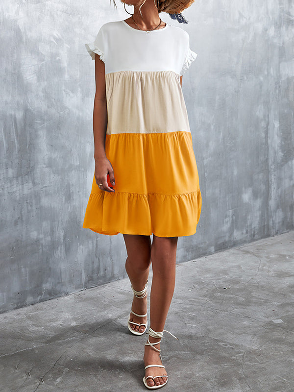 Loose Ruffle Sleeves Contrast Color Falbala Pleated Split-joint Round-neck Mini Dresses
