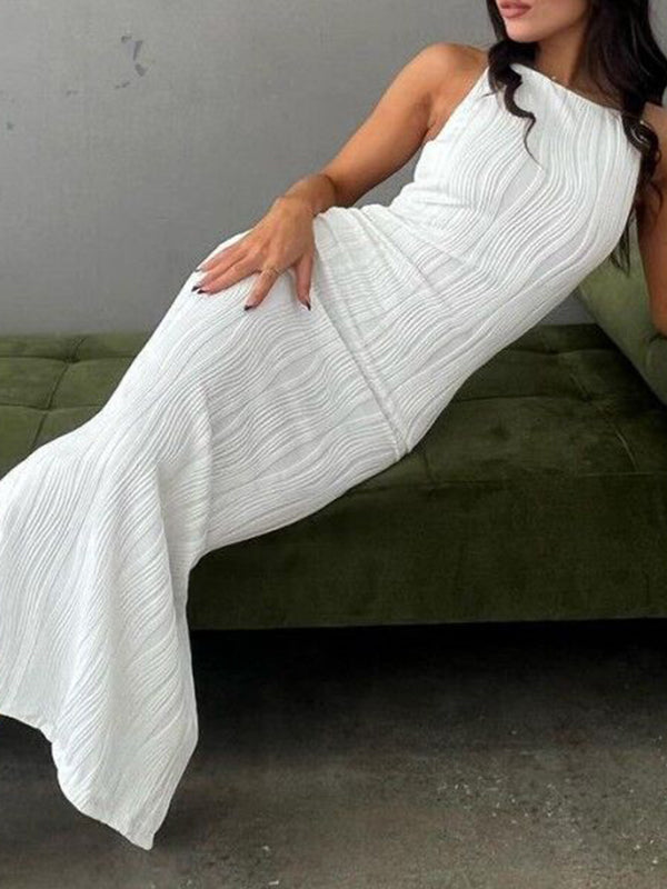 Bodycon Sleeveless Pleated Color Split-back Split-joint Zipper Spaghetti-neck Maxi Dresses