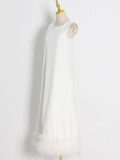 Simple Sleeveless Loose Feathers Color Midi Dresses