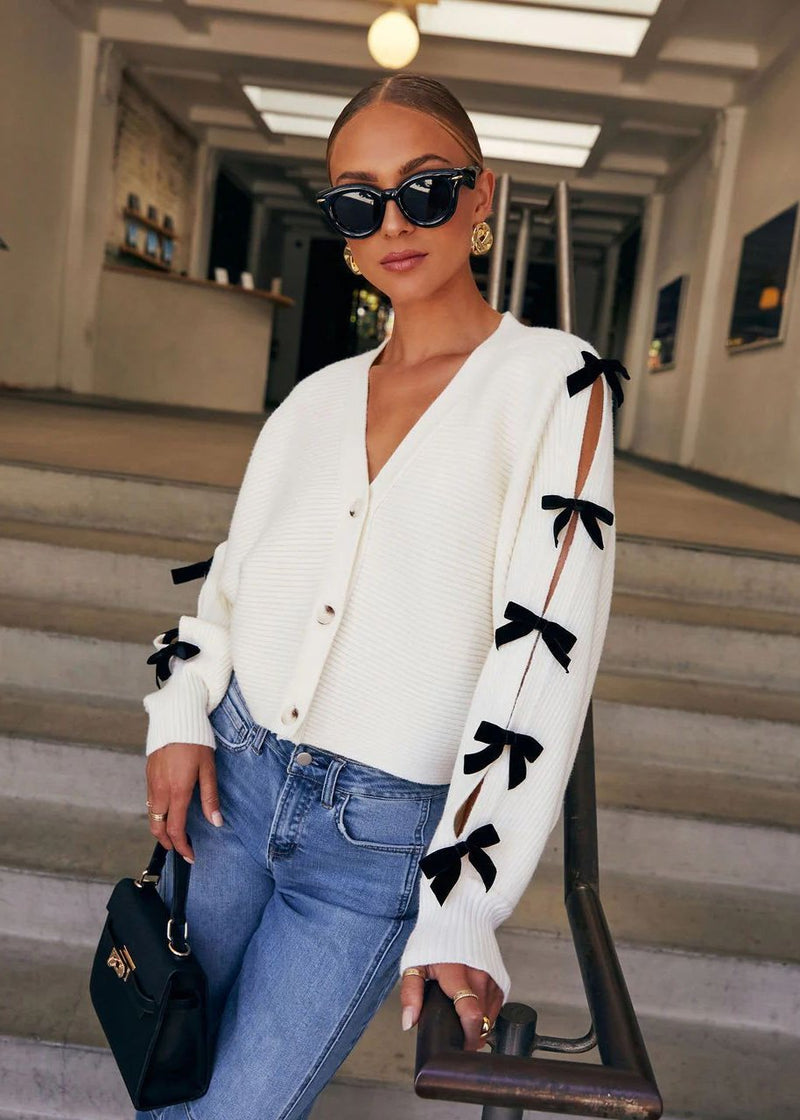 V-neck Knit Cardigan With Bow Accents