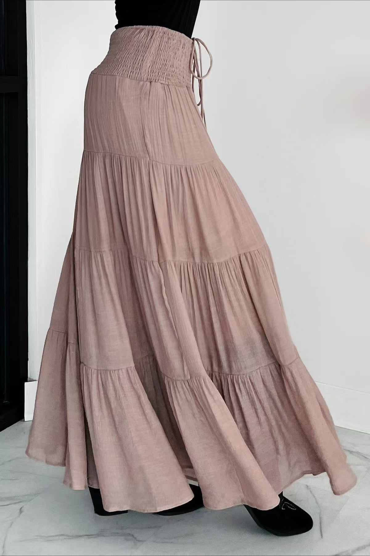 High Waisted Contrast Drawstring a Line Maxi Skirt