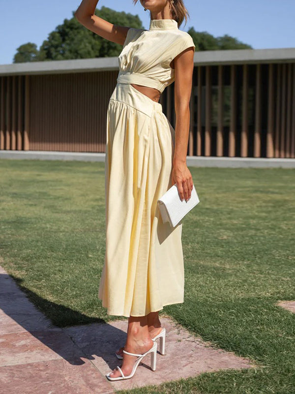 Cap Sleeve Belly-hollow Pleated Color Stand Collar Maxi Dresses
