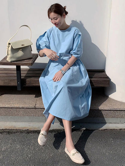 Round-neck Bishop Sleeve Loose Color Midi Dress
