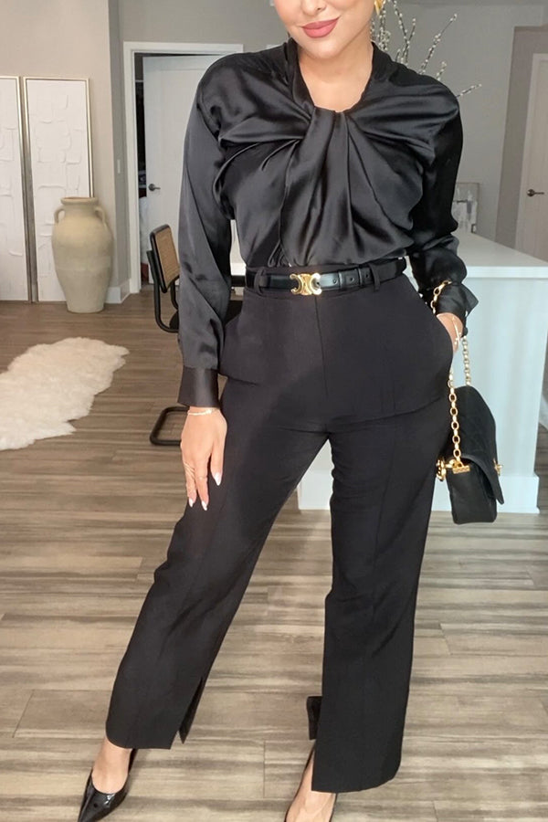 Switch Styles at Will Satin Botton Up Long Sleeve Relaxed Blouse